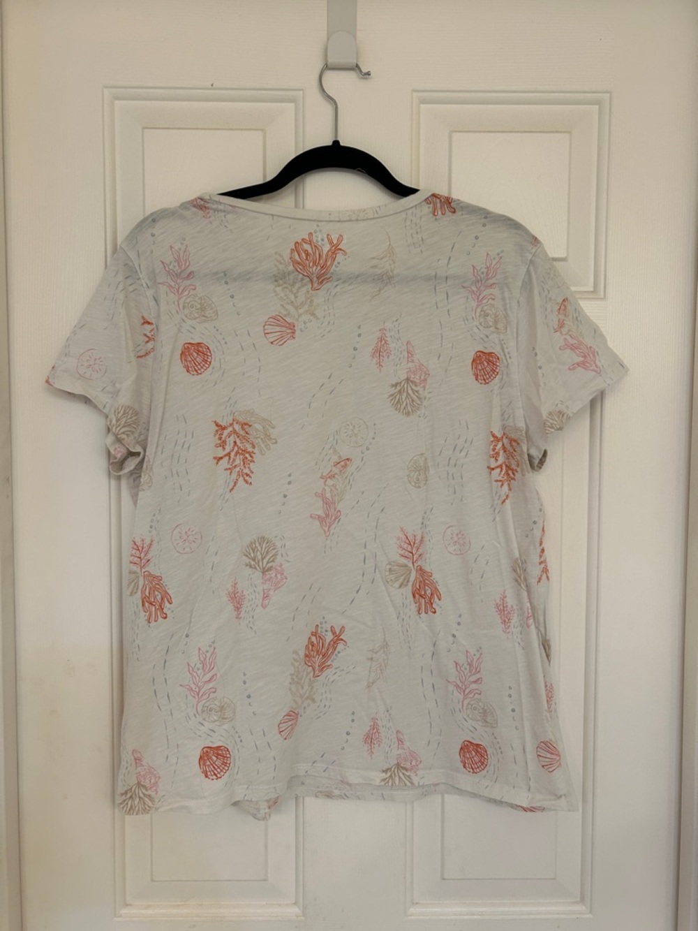 LOFT White Short Sleeve Cotton Tee with Coral & Shell Motif XL - Picture 5 of 5